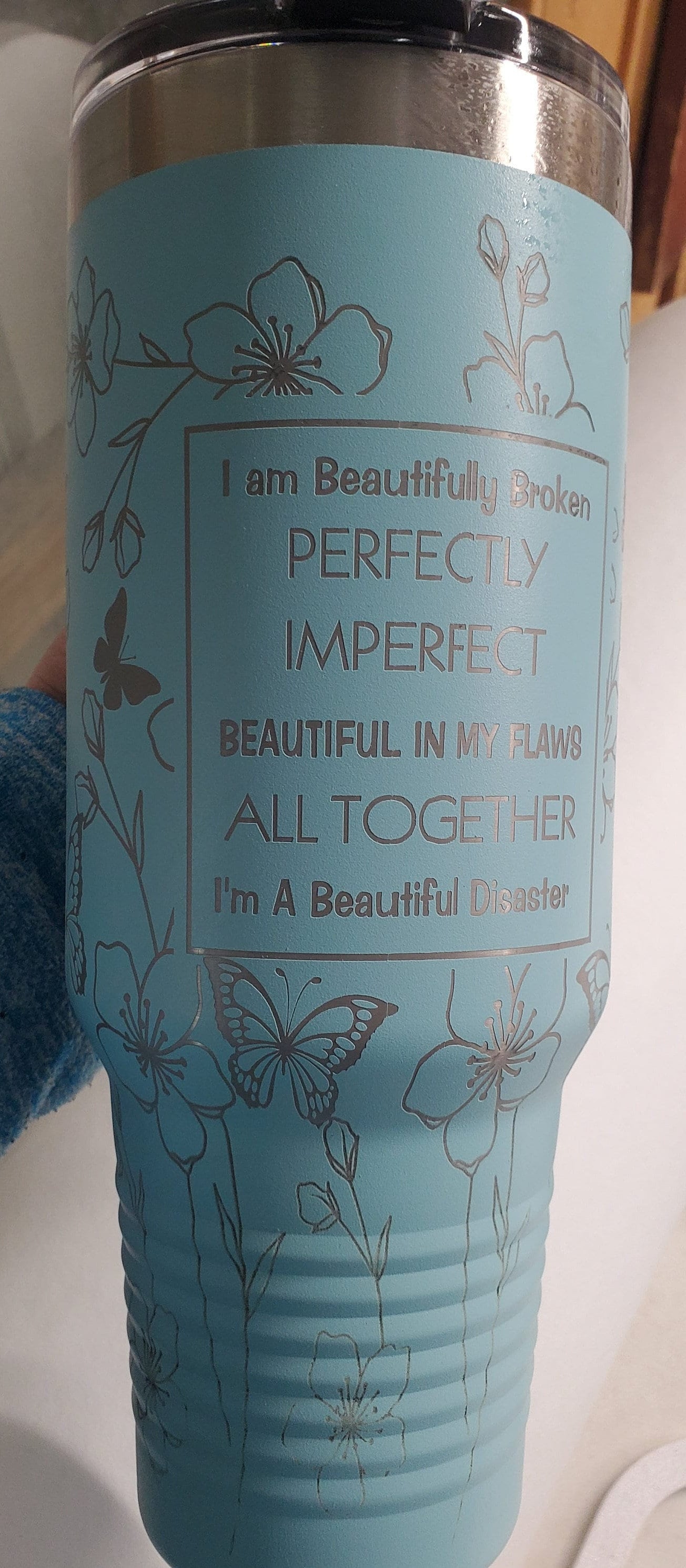 40 oz Handle tumbler, Beautifully Broken, Perfectly Imperfect, 40 oz Cup, Stanley like, Laser Engraved custom, Valentines gift, Mom gift