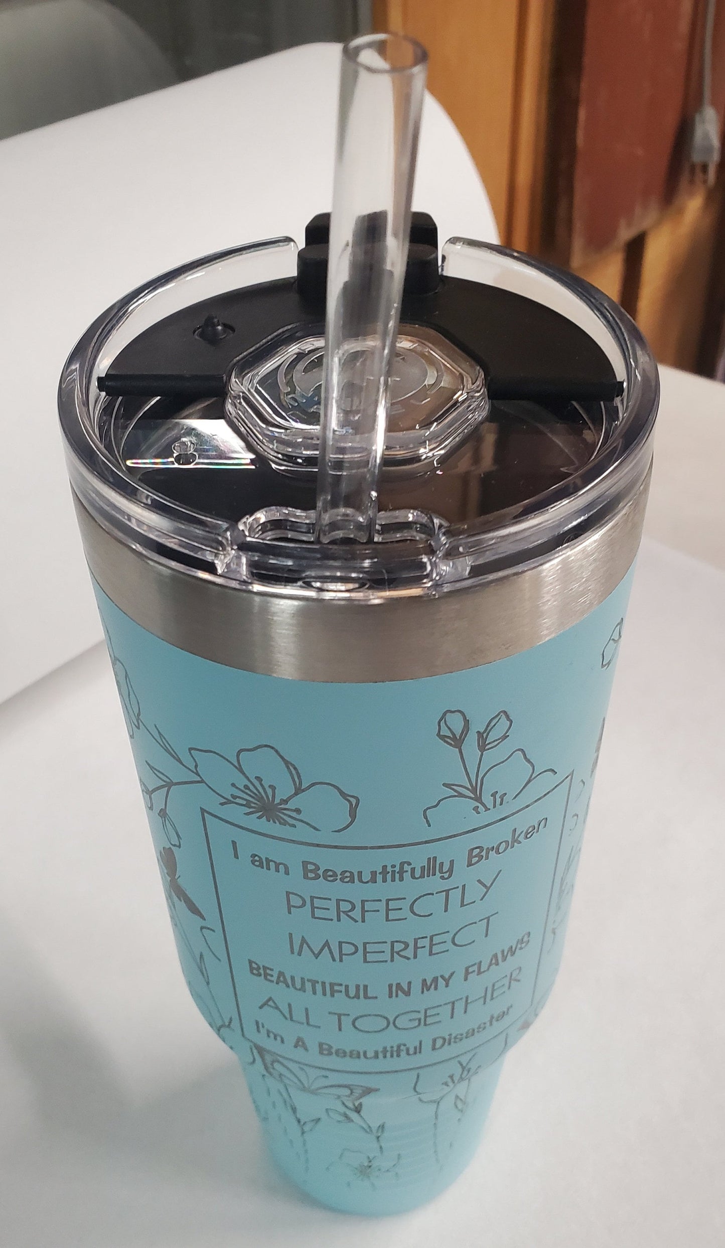 40 oz Handle tumbler, Beautifully Broken, Perfectly Imperfect, 40 oz Cup, Stanley like, Laser Engraved custom, Valentines gift, Mom gift