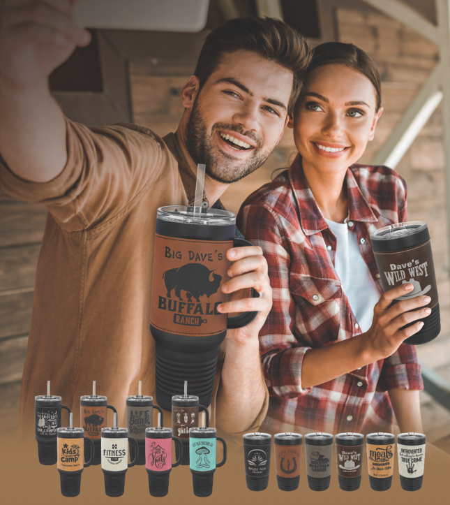 MAN AND WOMAN HOLDING LEATHER WRAPPED TUMBLERS