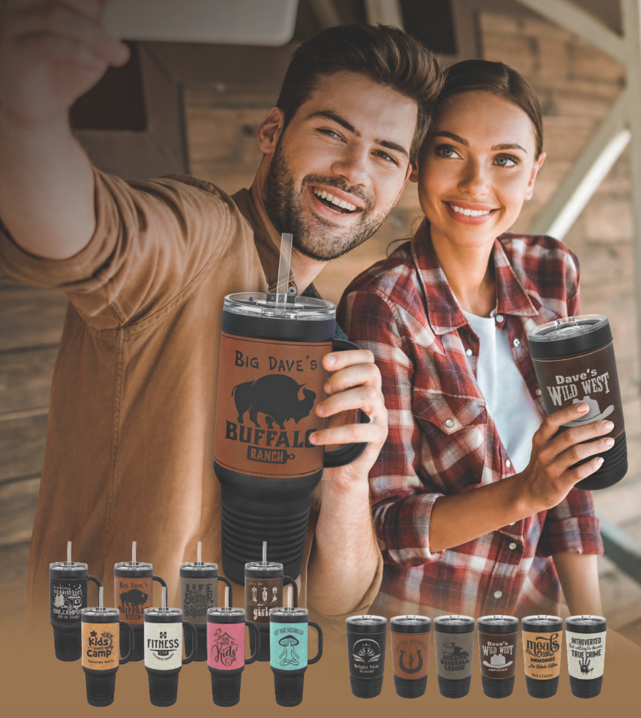 Custom Black Tumblers with Leather Wrap *