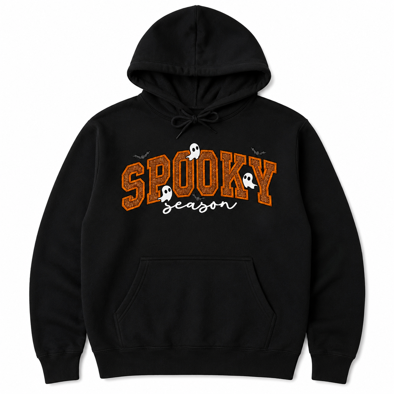 A black pullover hoodie featuring a 'Spooky Season' graphic on the chest. The word 'SPOOKY' is printed in a textured orange font with small white ghosts and bats integrated into the design, and 'season' is written below in white cursive.  Orange Glitter spooky applique