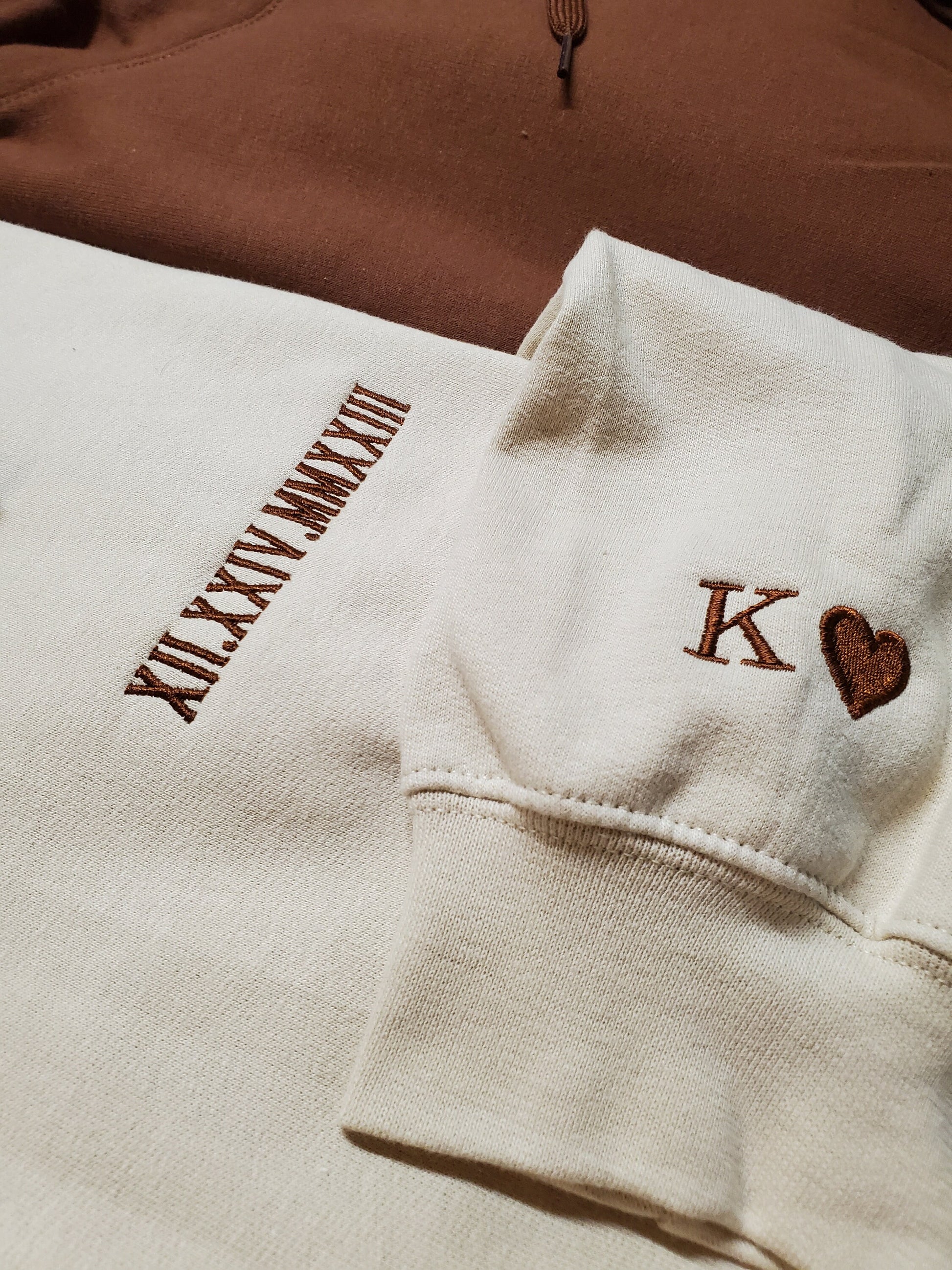Embroidered Roman Numerals Anniversary Date Sweatshirt with Initial and heart on the sleeve. The perfect anniversary, birthday, Valentines or Christmas gift for you romantic fashionable husband, wife, boyfriend, girlfriend, or your favorite couple