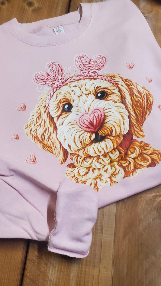 labradoodle illustration, cute dog art, heart nose dog, pink sweatshirt, puppy love, cozy dog apparel, whimsical dog design, pastel dog shirt, romantic dog theme, pet parent clothing, doodle dog gift, Angela Jasmina, AJ Blanks