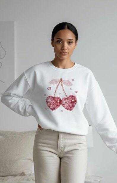 faux rhinestone shirt, cherry heart shirt, valentine shirt, sparkly heart shirt, girly valentine tee, rhinestone look shirt, cherry valentine top, glam valentine shirt, heart cherry design, cute valentine shirt, Asthetic heart shirt, valentines sweatshirt, love graphic tee, Angela Jasmina, AJ Blanks