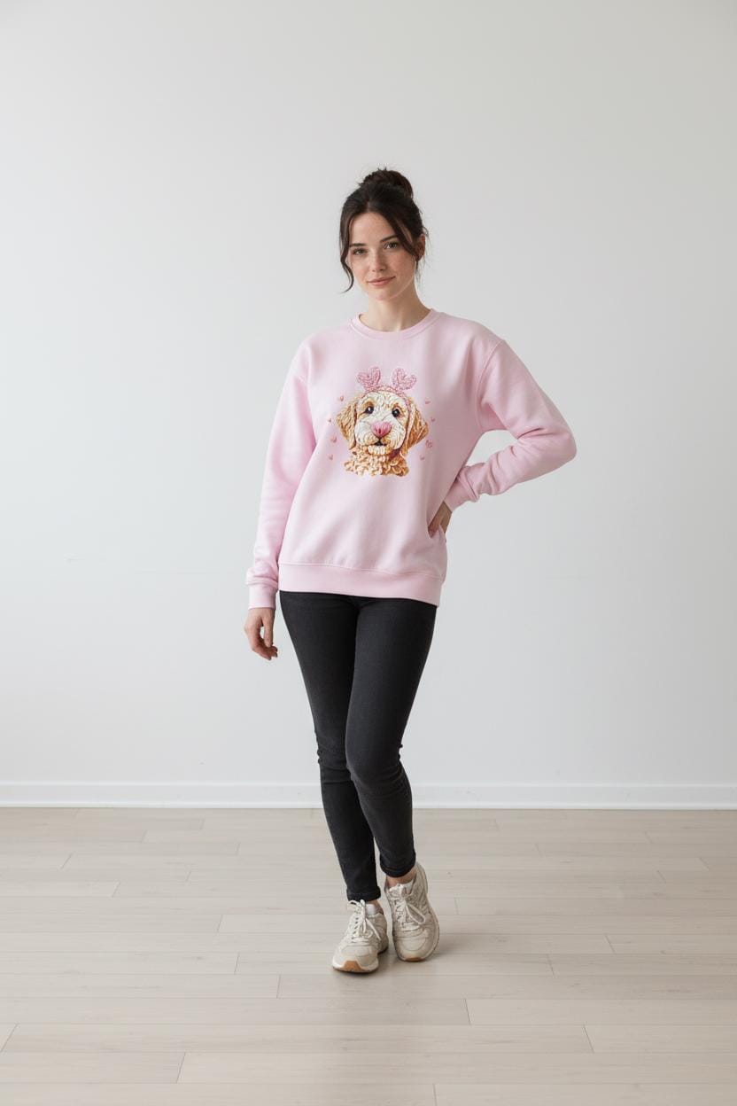 labradoodle illustration, cute dog art, heart nose dog, pink sweatshirt, puppy love, cozy dog apparel, whimsical dog design, pastel dog shirt, romantic dog theme, pet parent clothing, doodle dog gift, Angela Jasmina, AJ Blanks