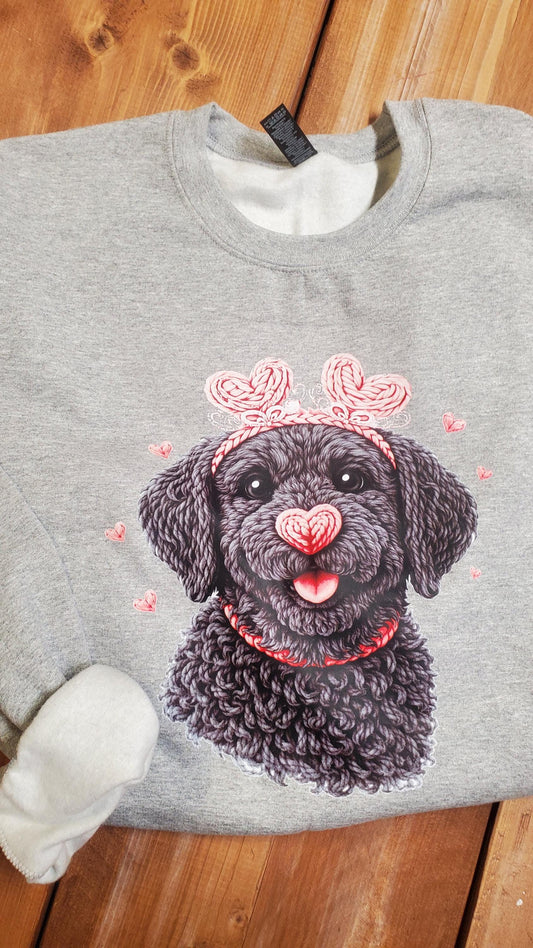 labradoodle illustration, cute dog art, heart nose dog, Black Labradoodle, pink sweatshirt, puppy love, cozy dog apparel, whimsical dog design, pastel dog shirt, romantic dog theme, pet parent clothing, doodle dog gift, Angela Jasmina, AJ Blanks