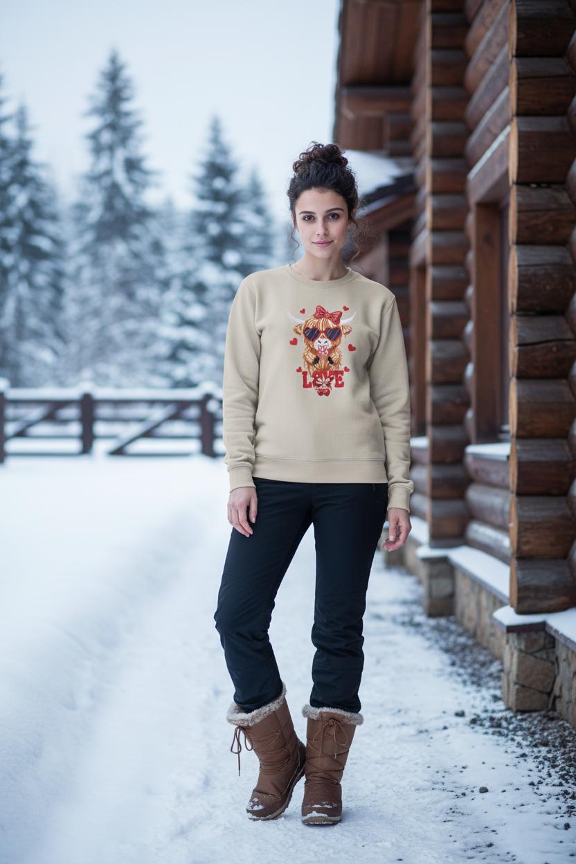 Cream colored sweatshirt featuring a cute Highland cow wearing heart sunglasses and a bow, holding a lollipop, surrounded by red hearts and the word love in a faux crochet yarn Valentine style, Angela Jasmina, AJ Blanks