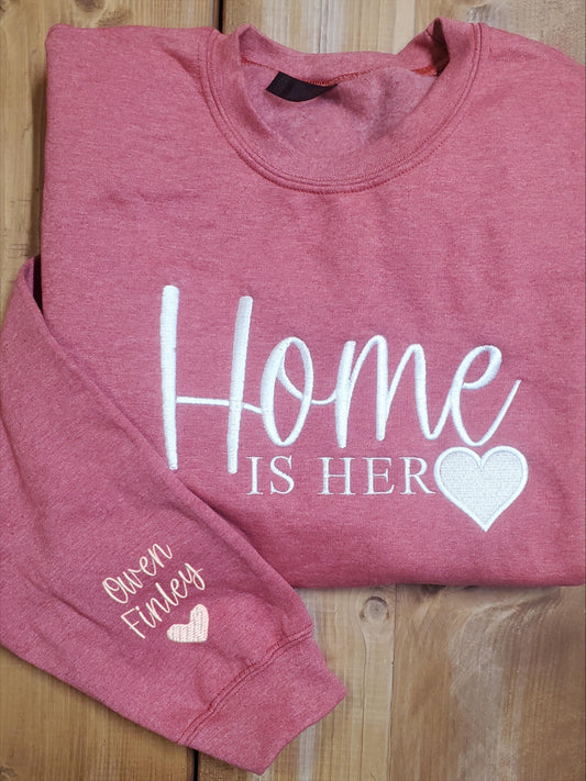 Custom Embroidered Mama Sweatshirt, Personalized Mom Hoodie With Names, New Mama Outfit, Pregnancy Announcement Clothing, Mom Christmas Gift, Mom Gift, Mothers Dy Gift,New Mom, New Dad, New Grandma, New Grandpa, Custom Embroidered Sweatshirt, Popular sweatshirt embroidered with the words Home Is Here and a heart on the front, featuring custom children’s names embroidered on the sleeve, personalized mom or grandma sweatshirt made from soft cotton blend fabric. Angela Jasmina AJ Blanks