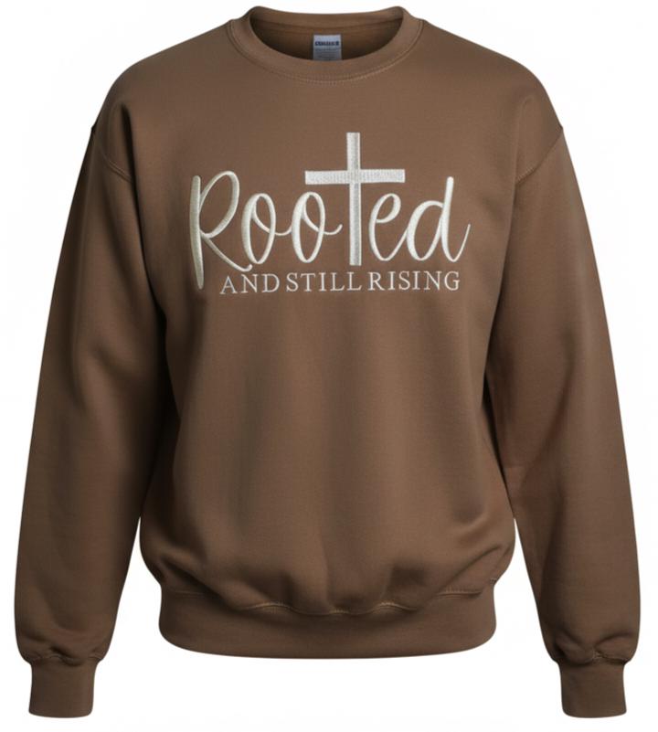 christian sweatshirt, clothing jesus gift, gift spiritual wear, wear blessed pullover, pullover church clothing, gift, gift religious wear, wear cotton sweater, sweater jesus king, king blessed mom, spiritual present,faith sweater, Easter Shirt
Brown crewneck sweatshirt featuring a faith inspired design with a cross and the words Rooted and Still Rising, made on a super soft comfortable sweatshirt available in multiple colors, inspirational Christian women’s pullover Angela Jasmina AJ Blanks