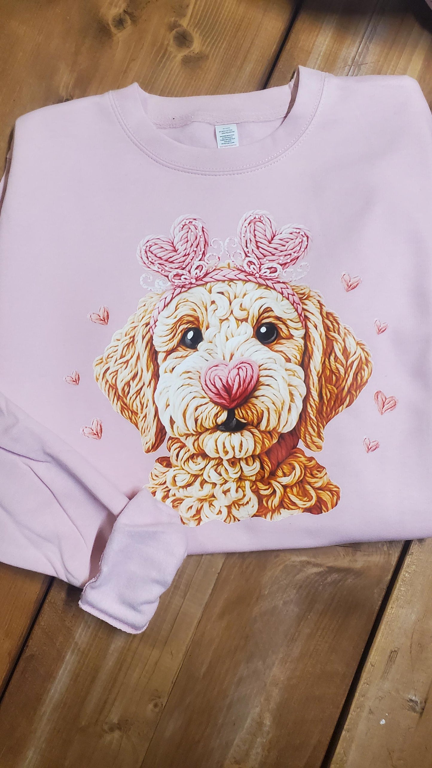 labradoodle illustration, cute dog art, heart nose dog, pink sweatshirt, puppy love, cozy dog apparel, whimsical dog design, pastel dog shirt, romantic dog theme, pet parent clothing, doodle dog gift, Angela Jasmina, AJ Blanks