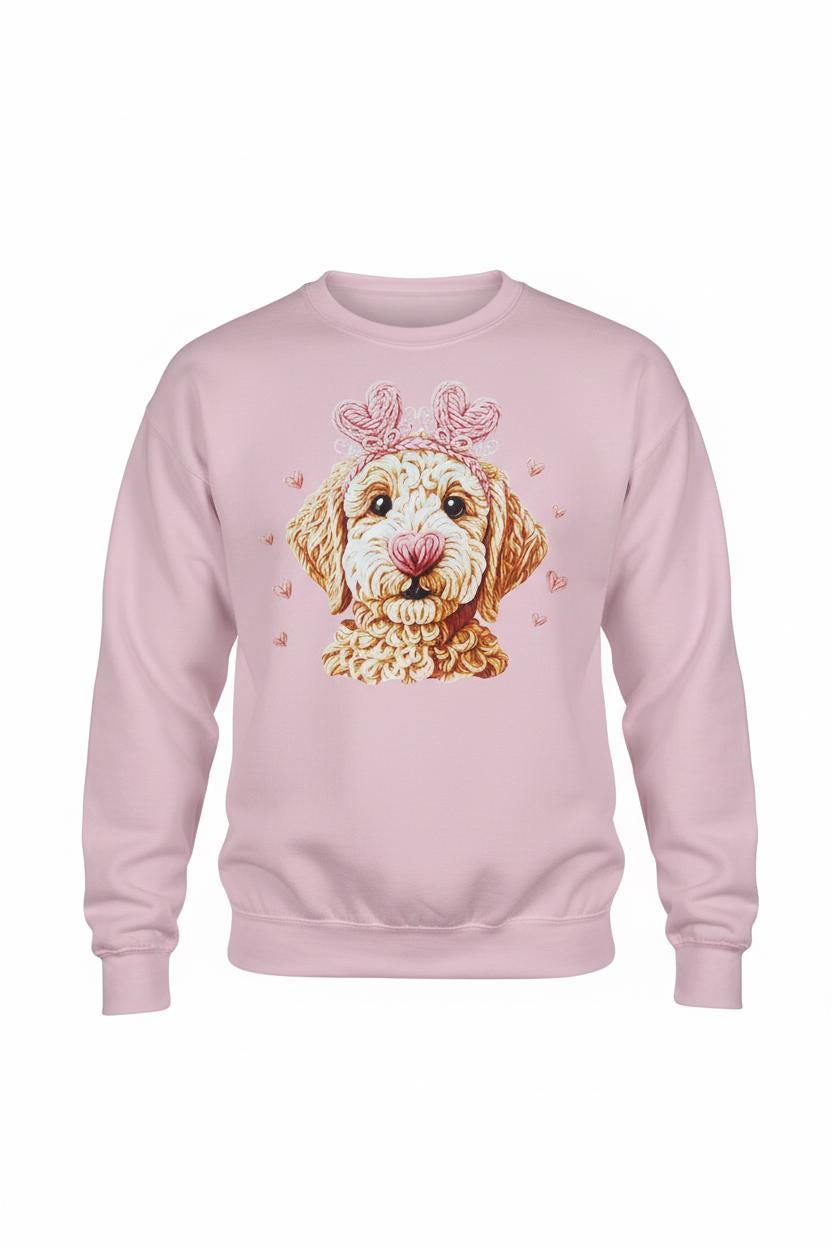 labradoodle illustration, cute dog art, heart nose dog, pink sweatshirt, puppy love, cozy dog apparel, whimsical dog design, pastel dog shirt, romantic dog theme, pet parent clothing, doodle dog gift, Angela Jasmina, AJ Blanks