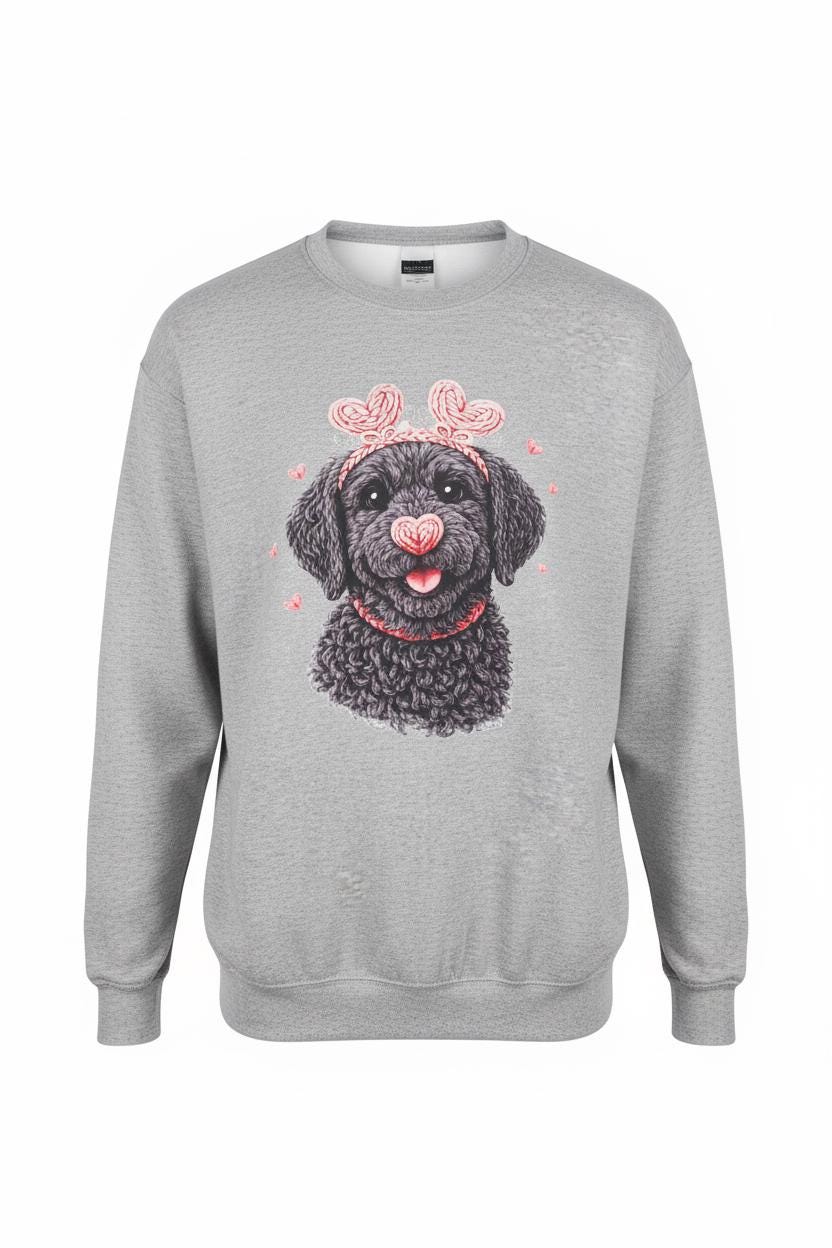 labradoodle illustration, cute dog art, heart nose dog, Black Labradoodle, pink sweatshirt, puppy love, cozy dog apparel, whimsical dog design, pastel dog shirt, romantic dog theme, pet parent clothing, doodle dog gift, Angela Jasmina, AJ Blanks