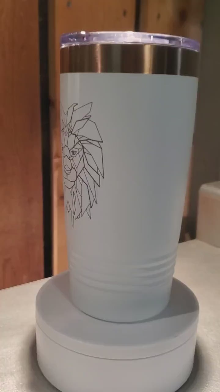 Laser Engraved August Birthday Sign, 20 oz Personalized Tumbler, Geometric Lion, Custom Tumbler, Birthday Gift for Her, Catherine Bell Lion