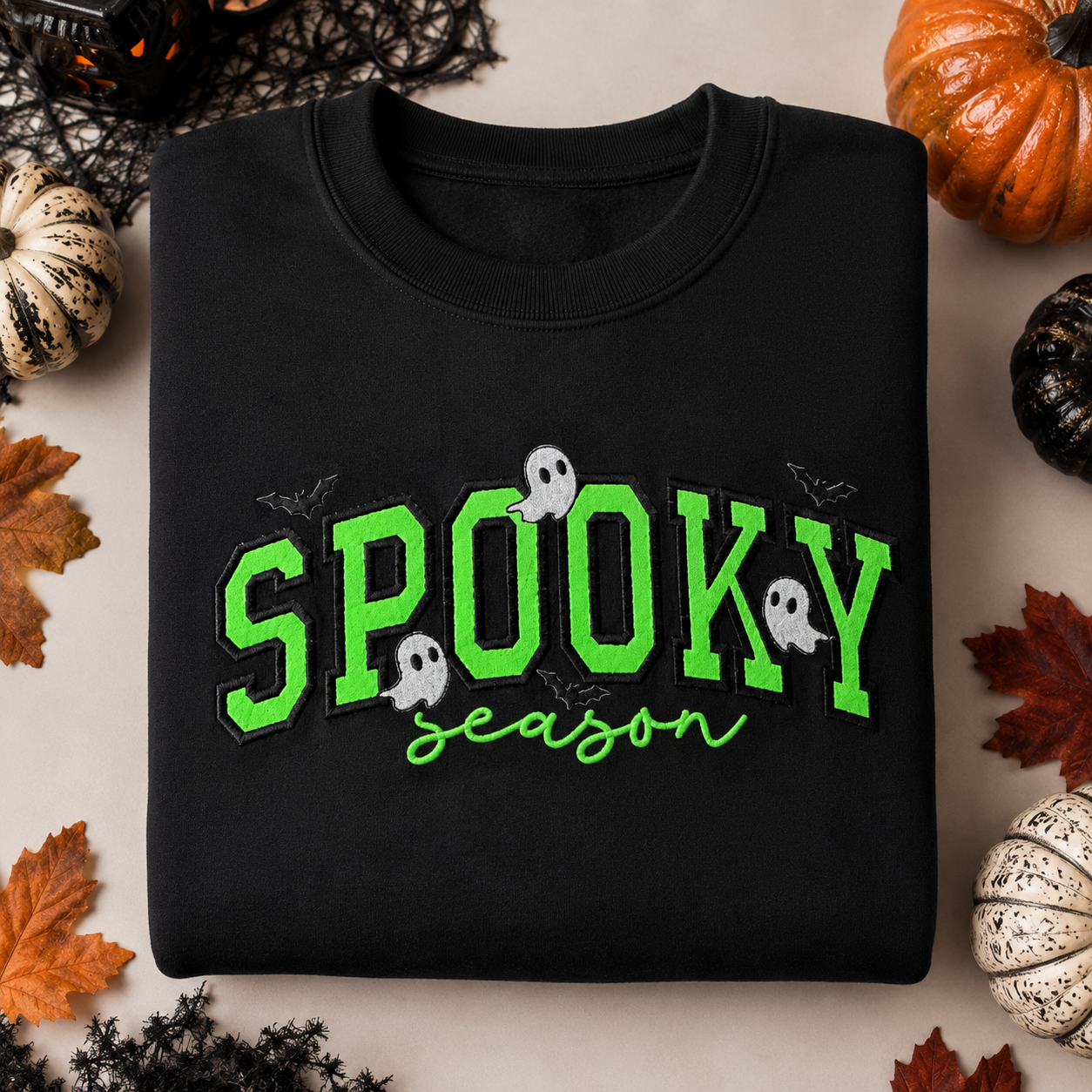Spooky Season Neon Glitter Appliqué Crewneck, Halloween Ghost & Bat Embroidered Sweatshirt, Comfort Colors *