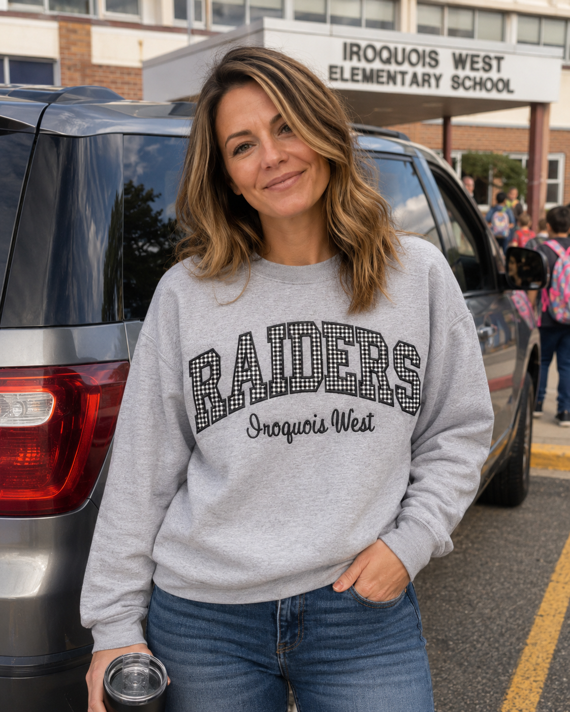 Gingham Check Team Mascot Sweatshirt | Custom School Name Applique Crewneck | Farmhouse Chic Game Day Pullover *