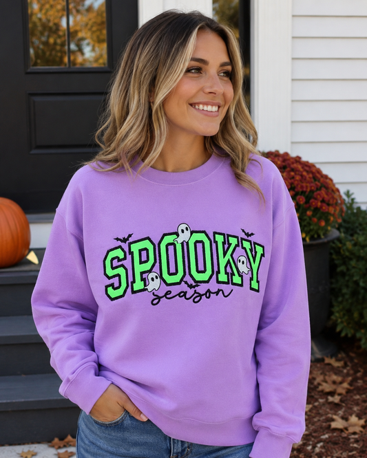 Spooky Season Neon Glitter Appliqué Crewneck, Halloween Ghost & Bat Embroidered Sweatshirt, Comfort Colors *