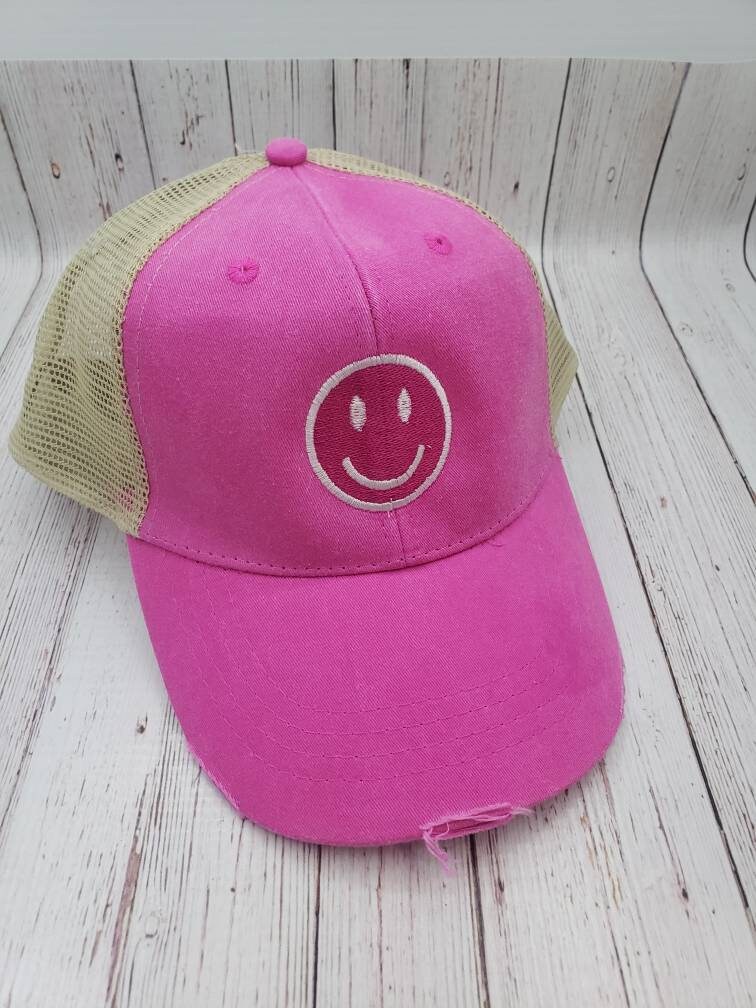 Smiley Trucker Hat, Distressed Colorful Hats, Smiley Face Hat, Vintage Look Smiley Hat, Ladies Truckers Hat, Perfect Summer Hat,Trending Hat