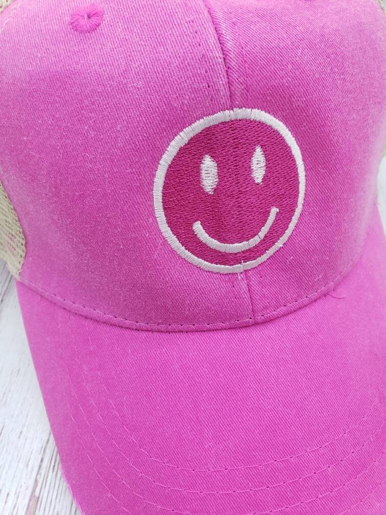 Smiley Trucker Hat, Distressed Colorful Hats, Smiley Face Hat, Vintage Look Smiley Hat, Ladies Truckers Hat, Perfect Summer Hat,Trending Hat