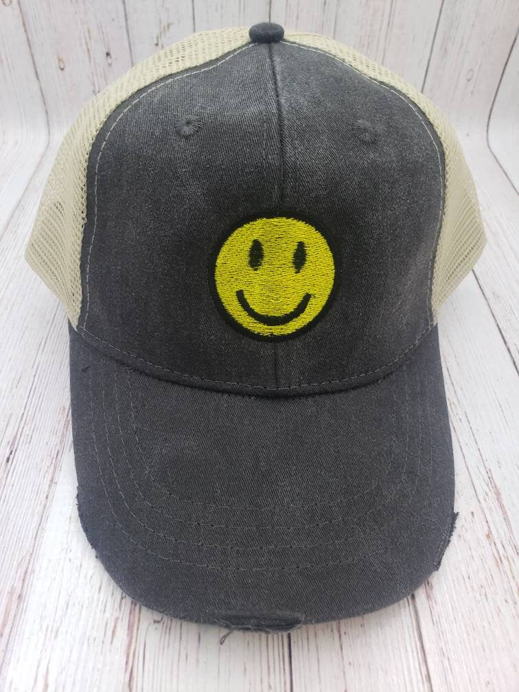 Smiley Trucker Hat, Distressed Colorful Hats, Smiley Face Hat, Vintage Look Smiley Hat, Ladies Truckers Hat, Perfect Summer Hat,Trending Hat