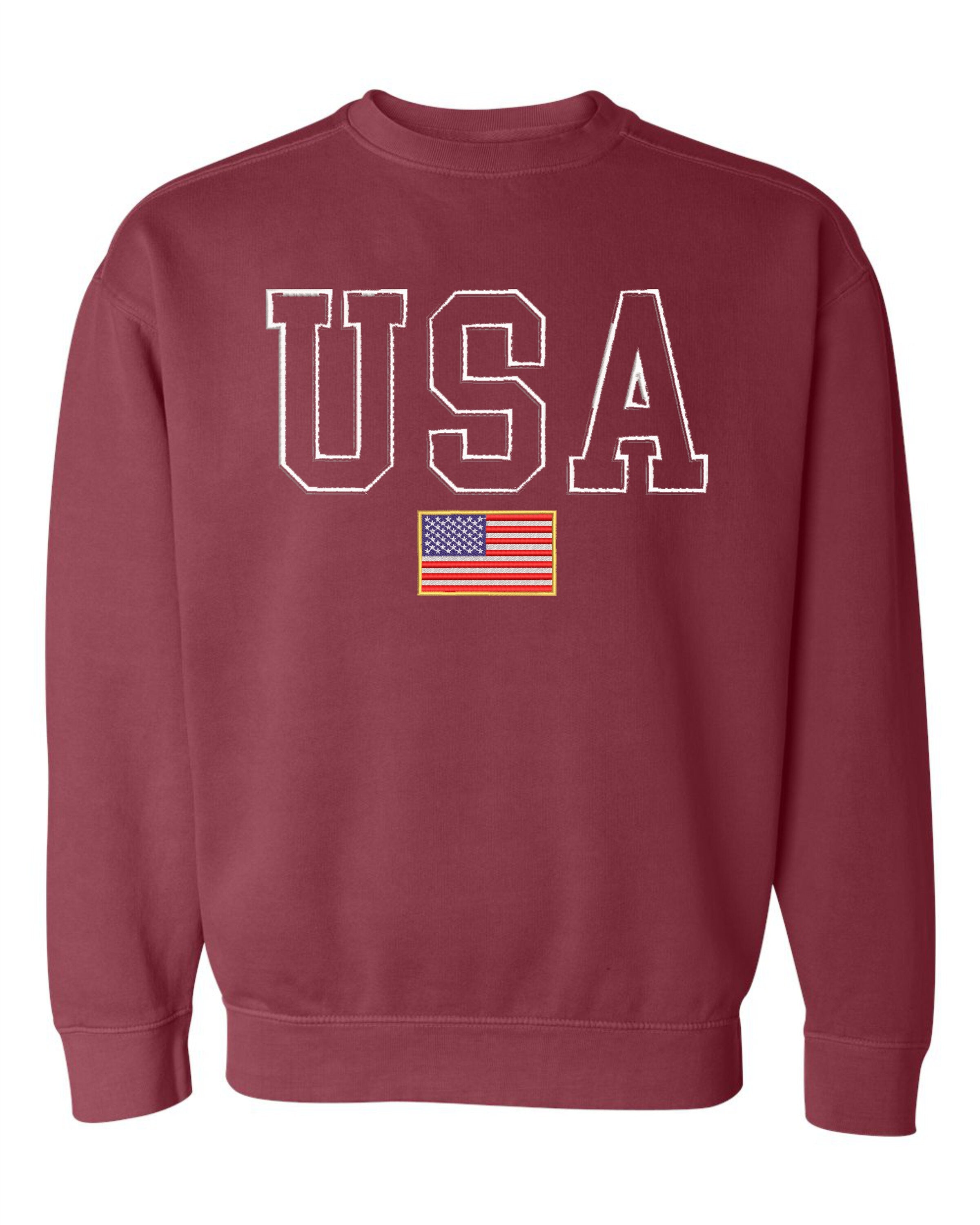 USA Embroidered Varsity Crewneck Sweatshirt, Comfort Colors Summer 4th of July, Independence Day Red White and Blue United States America