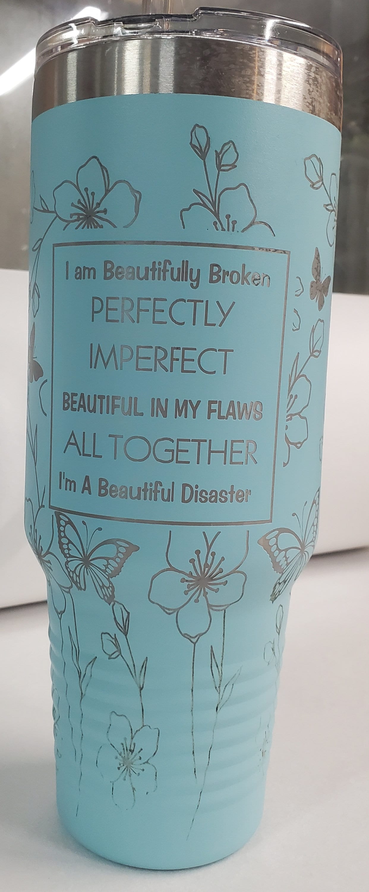 40 oz Handle tumbler, Beautifully Broken, Perfectly Imperfect, 40 oz Cup, Stanley like, Laser Engraved custom, Valentines gift, Mom gift