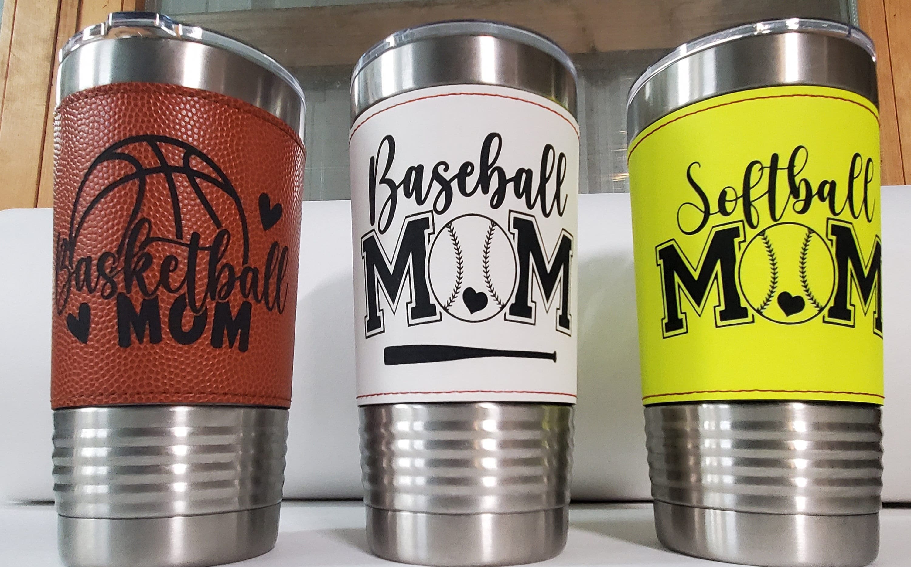 Softball Baseball Basketball Mom Leather Tumbler with Slider Lid, 20oz Laser Engraved Mugs, Softball mom, Baseball Mom, Valentines Gift